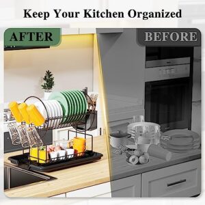 Z&L HOUSE 2-Tier Dish Drying Rack, Space Saving Metals Dish Dryer Rack with Drainboard, Small Dish Racks for Kitchen Counter with Cup Holder Utensil Holder Black