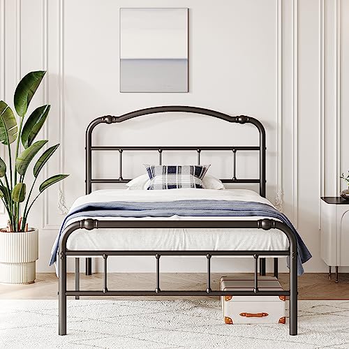 Breezehome 18in Twin Bed Frame with Vintage Headboard and Footboard, Heavy Duty Metal Platform Bed Frame, No Box Spring Needed, Noise Free, Easy Assembly, Black