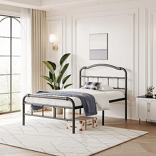 Breezehome 18in Twin Bed Frame with Vintage Headboard and Footboard, Heavy Duty Metal Platform Bed Frame, No Box Spring Needed, Noise Free, Easy Assembly, Black