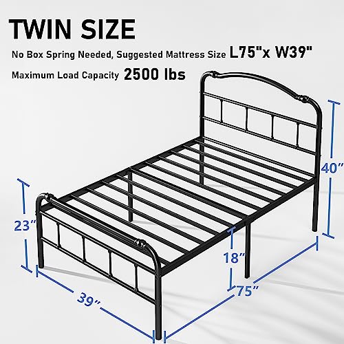 Breezehome 18in Twin Bed Frame with Vintage Headboard and Footboard, Heavy Duty Metal Platform Bed Frame, No Box Spring Needed, Noise Free, Easy Assembly, Black