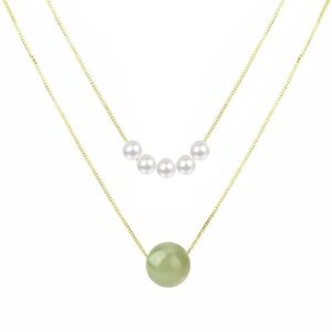 fooind real natural hetian jade necklace for women girl, handmade crystal pearl green jade necklace choker pendant as gift for friends, mother, lover (925 sterling silver with real gold plated)