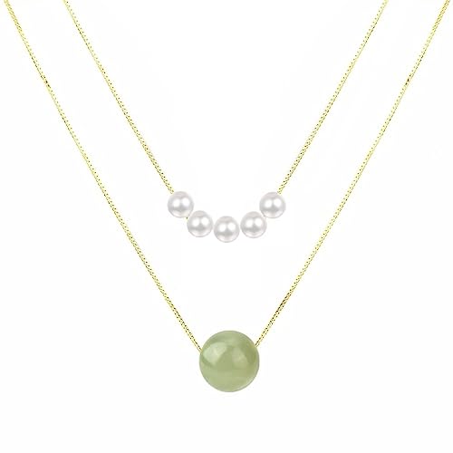 FOOIND Real Natural Hetian Jade Necklace for Women Girl, Handmade Crystal Pearl Green Jade Necklace Choker Pendant as Gift for Friends, Mother, Lover (925 Sterling Silver with Real Gold Plated)