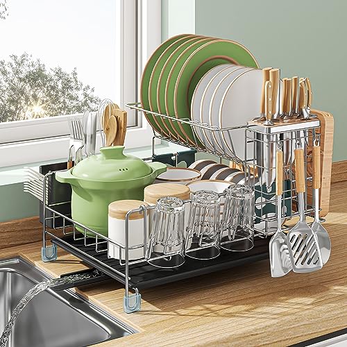 Youvip Dish Drying Rack for Kitchen Counter, 2 Tier Dish Racks with Drainboard Set, Dish Drainers with Utensil Holder, Cups Holder, Kinfe Block and Drying mat