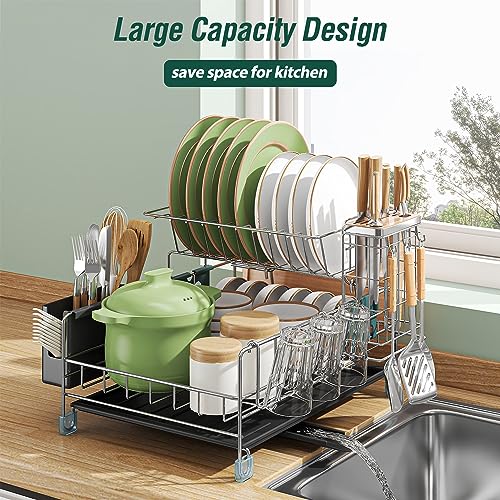 Youvip Dish Drying Rack for Kitchen Counter, 2 Tier Dish Racks with Drainboard Set, Dish Drainers with Utensil Holder, Cups Holder, Kinfe Block and Drying mat