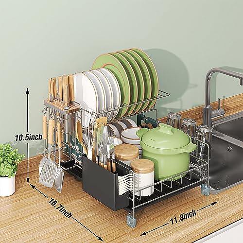 Youvip Dish Drying Rack for Kitchen Counter, 2 Tier Dish Racks with Drainboard Set, Dish Drainers with Utensil Holder, Cups Holder, Kinfe Block and Drying mat