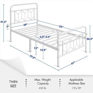 Yaheetech Metal Platform Bed Frame Mattress Foundation with Diamond Pattern Headboard/Footboard/Heavy Duty Steel Slat Support/Under Bed Storage/No Box Spring Needed/Twin Size White