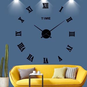 LIDNADY Roman Numerals DIY Wall Clock,3D Frameless Wall Clock,Large Modern Design Decor Sticker DIY Wall Clock Kit for Bedroom Living Room Home Decorations,Adjustable Size and Easy to Assemble (Black)