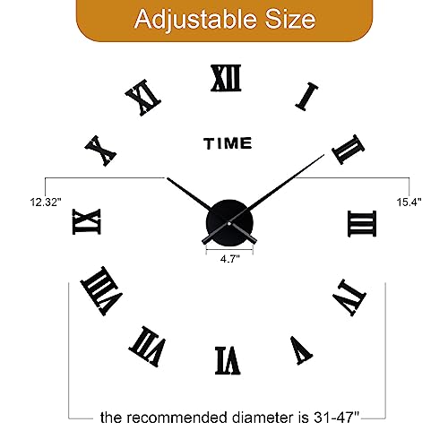 LIDNADY Roman Numerals DIY Wall Clock,3D Frameless Wall Clock,Large Modern Design Decor Sticker DIY Wall Clock Kit for Bedroom Living Room Home Decorations,Adjustable Size and Easy to Assemble (Black)