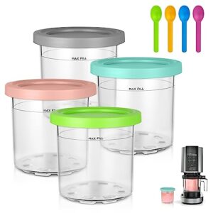 HOTUT Ninja Creami Containers,4 Pack Replacement Pints and Lids+4 Scoops Dishwasher Safe Compatible with NC301,NC300,NC299AMZ,CN305A and CN301CO Series Ninja Ice Cream Makers (Not Fit for NC501)