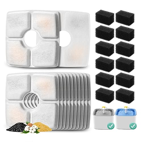 12 Pack Replacement Filters & 12 Pack Pre-filter Sponges for 84oz/2.5L Automatic Pet Fountain, BFLICROY Cat Water Fountain Filter, Triple Filtration Pet Fountain Replacement Filters