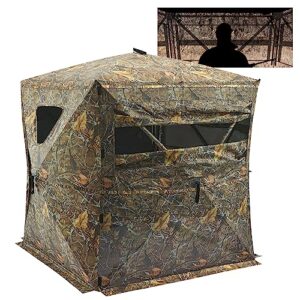 bassdash hunting blind 270 degree one-way see through 2 person portable pop up ground hunting tent with detachable blackout wall curtain, frame door, carrying backpack for deer turkey hunting
