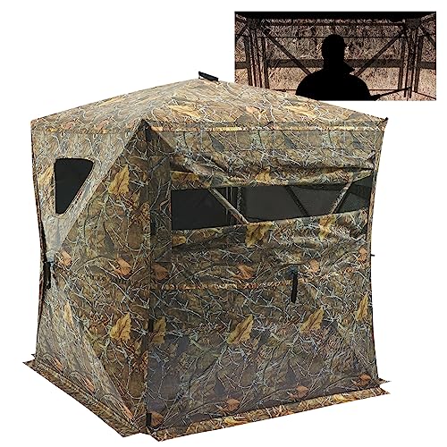 BASSDASH Hunting Blind 270 Degree One-Way See Through 2 Person Portable Pop Up Ground Hunting Tent with Detachable Blackout Wall Curtain, Frame Door, Carrying Backpack for Deer Turkey Hunting