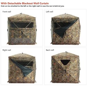 BASSDASH Hunting Blind 270 Degree One-Way See Through 2 Person Portable Pop Up Ground Hunting Tent with Detachable Blackout Wall Curtain, Frame Door, Carrying Backpack for Deer Turkey Hunting