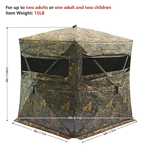 BASSDASH Hunting Blind 270 Degree One-Way See Through 2 Person Portable Pop Up Ground Hunting Tent with Detachable Blackout Wall Curtain, Frame Door, Carrying Backpack for Deer Turkey Hunting