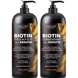 soulspa pure biotin shampoo and conditioner set with keratin - advanced anti-thinning, hair growth & repair formula - soothes scalp, with tea tree oil & dht blockers - for men & women - 16 fl oz each