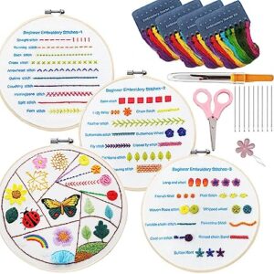 yizunnu 4 set beginners embroidery kit, starters cross stitch kits for adults kids diy craft 4 pcs embroidery pattern with embroidery cloth, hoop, color threads, scissors, tools & instruction