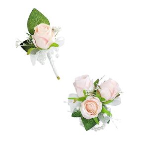 floinla pink corsage and boutonniere set for wedding prom, artificial flower wrist corsage bracelets, homecoming corsage wristlet, boutonniere for men wedding suit decorations