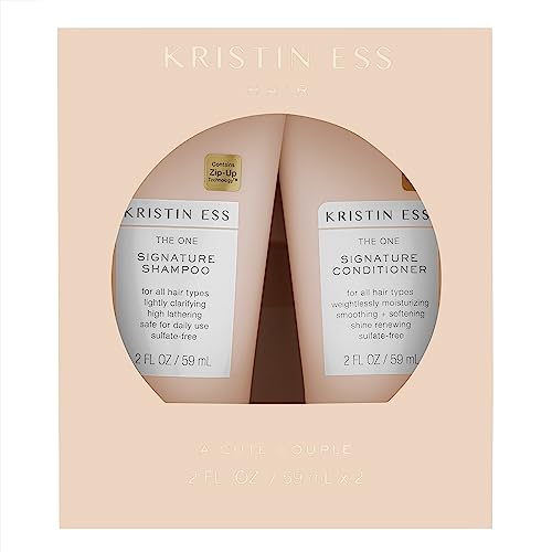 Kristin Ess Signature Travel Size Salon Shampoo and Conditioner Set for Moisture, Softness + Shine - Anti Frizz + Lightly Clarifying - Sulfate Free, Vegan + Safe for Color Treated Hair - 2 Fl. Oz.