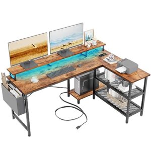 furologee l shaped computer desk with led lights & power outlet, gaming desk with 2 reversible storage shelves, corner desk with 50" monitor stand, writing study table with cloth bag for home office