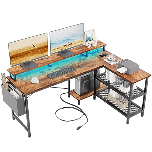 Furologee L Shaped Computer Desk with LED Lights & Power Outlet, Gaming Desk with 2 Reversible Storage Shelves, Corner Desk with 50" Monitor Stand, Writing Study Table with Cloth Bag for Home Office