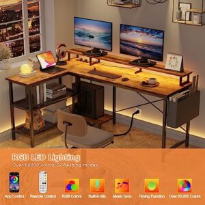 Furologee L Shaped Computer Desk with LED Lights & Power Outlet, Gaming Desk with 2 Reversible Storage Shelves, Corner Desk with 50" Monitor Stand, Writing Study Table with Cloth Bag for Home Office