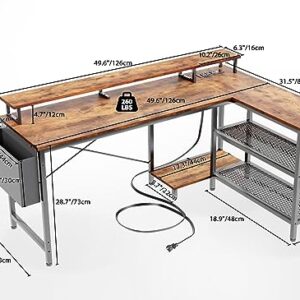 Furologee L Shaped Computer Desk with LED Lights & Power Outlet, Gaming Desk with 2 Reversible Storage Shelves, Corner Desk with 50" Monitor Stand, Writing Study Table with Cloth Bag for Home Office