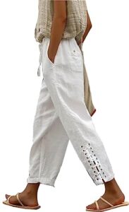 birw size l white womens linen pants with pockets high waist comfy white gauze pants for women casual summer lightweight loose embroider oceanside trousers tapered ninth pants