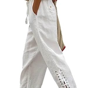 BIRW Size L White Womens Linen Pants with Pockets High Waist Comfy White Gauze Pants for Women Casual Summer Lightweight Loose Embroider Oceanside Trousers Tapered Ninth Pants