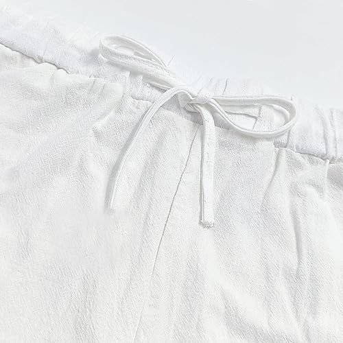 BIRW Size L White Womens Linen Pants with Pockets High Waist Comfy White Gauze Pants for Women Casual Summer Lightweight Loose Embroider Oceanside Trousers Tapered Ninth Pants