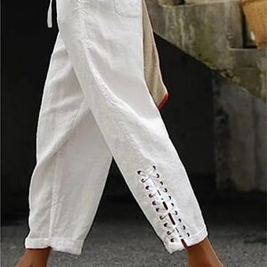 BIRW Size L White Womens Linen Pants with Pockets High Waist Comfy White Gauze Pants for Women Casual Summer Lightweight Loose Embroider Oceanside Trousers Tapered Ninth Pants