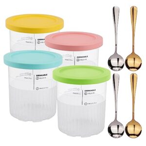 zyhoone 4 pack ice cream pint containers replacement for ninja creami nc500 nc501 series deluxe ice cream makers pints and lids,bpa-free & dishwasher safe,yellow/pink/green/blue