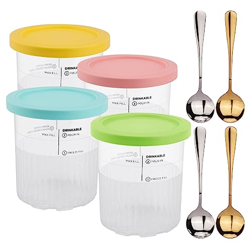 ZYHOONE 4 Pack Ice Cream Pint Containers Replacement for Ninja Creami NC500 NC501 Series Deluxe ice Cream Makers Pints and Lids,BPA-Free & Dishwasher Safe,Yellow/Pink/Green/Blue