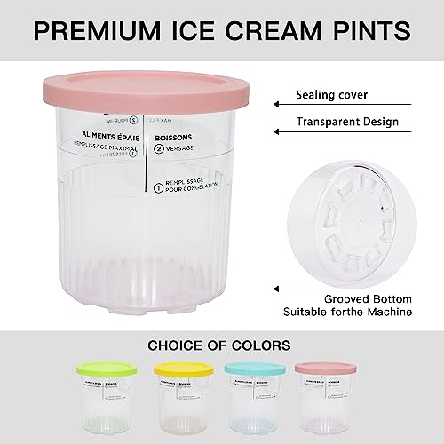ZYHOONE 4 Pack Ice Cream Pint Containers Replacement for Ninja Creami NC500 NC501 Series Deluxe ice Cream Makers Pints and Lids,BPA-Free & Dishwasher Safe,Yellow/Pink/Green/Blue