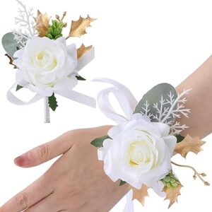spirit up art 2pcs ivory white rose wrist corsage and boutonnieres set groom groomsman corsages bridal girls artificial wristlet flower for wedding ceremony anniversary formal dinner party prom decor