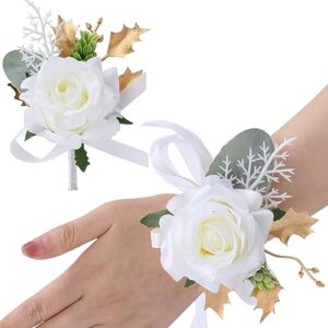 Spirit Up Art 2Pcs Ivory White Rose Wrist Corsage and Boutonnieres Set Groom Groomsman Corsages Bridal Girls Artificial Wristlet Flower for Wedding Ceremony Anniversary Formal Dinner Party Prom Decor