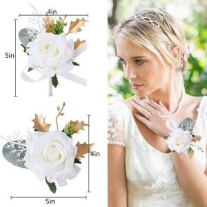 Spirit Up Art 2Pcs Ivory White Rose Wrist Corsage and Boutonnieres Set Groom Groomsman Corsages Bridal Girls Artificial Wristlet Flower for Wedding Ceremony Anniversary Formal Dinner Party Prom Decor