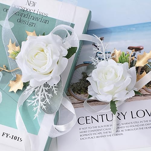 Spirit Up Art 2Pcs Ivory White Rose Wrist Corsage and Boutonnieres Set Groom Groomsman Corsages Bridal Girls Artificial Wristlet Flower for Wedding Ceremony Anniversary Formal Dinner Party Prom Decor