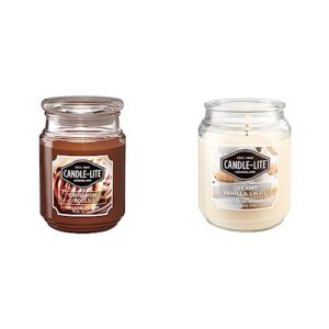 candle-lite scented candles, cinnamon rolls fragrance, one 18 oz., brown color & scented candles, creamy vanilla swirl fragrance, one 18 oz. single-wick aromatherapy candle, off-white color