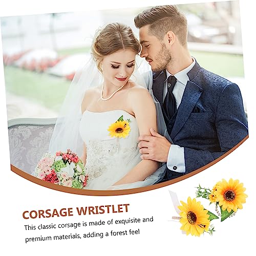 ARTIBETTER 2pcs Corsage Wrist Flower Bracelets for Man Prom Hair Accessories Men Gifts Stocking Stuffers Sunflower Wristlet Band Bracelet Sunflower Brooch Corsage Bride Brooch Wedding Corsage