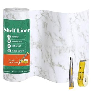 Drawer and Shelf Liner for Kitchen Cabinet: 12 in X 20 Ft Non Slip Waterproof Shelf Paper Non Adhesive Refrigerator Liners White Marble Easy Liners for Bathroom Cupboard with Knife Tape Measure