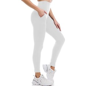 ipletix leggings with pockets for women, high waisted leggings buttery soft non see through workout yoga pants white