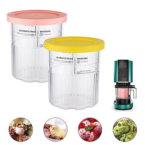 2pcs Containers Replacement for Ninja Creami Pints and Lids, Upgraded Ice Cream Containers with Lids Compatible with NC500 NC501 Deluxe Series Ice Cream Maker, Wave Style (Pink, Yellow)