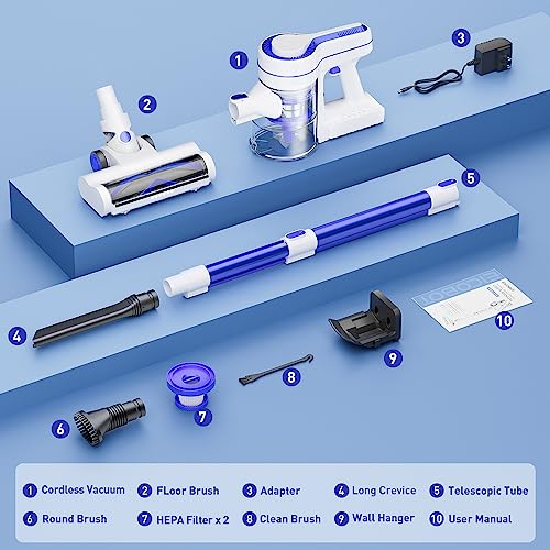 EICOBOT Cordless Vacuum Cleaner, 23Kpa Powerful Suction Lightweight Stick Vacuum Cleaner with Detachable Battery Up to 35 Mins Runtime,6 in 1 Handheld Vacuum for Hard Floor Carpet Pet Hair Sea Blue