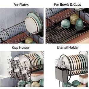 DUANFEE Dish Drying Rack Dish Racks for Kitchen Counter, Dish Drainer with Removable Utensil Holder & Cups Holder, 2 Tier Dish Drying Rack with Drip Tray for Small Kitchen Sink Drying Rack (Black)