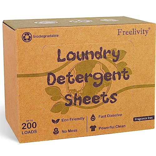 Freelivity Laundry Detergent Sheets, 200 Loads Eco-Friendly Laundry Soap Strips - No Plastic Jug Hypoallergenic Liquid Less Dissolvable Space Saving Sheets for HE machine, travel, home clothes washing (Unscented)