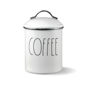 rae dunn tin coffee canister, tin canister with lid and elongated writing