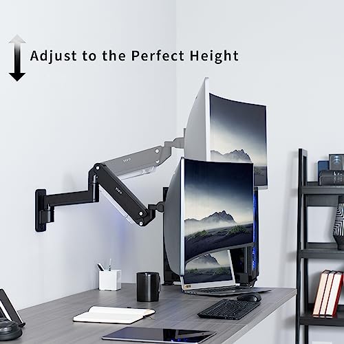 VIVO Premium Aluminum Heavy Duty Monitor Arm for Ultrawide Screens up to 49 inches and 44 lbs, Single Wall Mount, Pneumatic Height, Max VESA 100x100, Black, MOUNT-V101G1