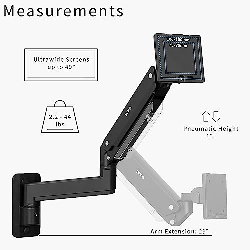 VIVO Premium Aluminum Heavy Duty Monitor Arm for Ultrawide Screens up to 49 inches and 44 lbs, Single Wall Mount, Pneumatic Height, Max VESA 100x100, Black, MOUNT-V101G1