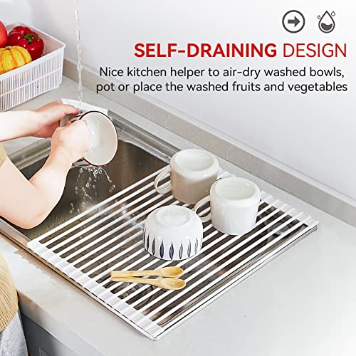 MERRYBOX Roll Up Dish Drying Rack, Silicone Wrapped Over The Sink Dish Rack Foldable Dish Drainer Anti-Slip Dish Racks for Kitchen Counter, Multipurpose Kitchen Sink Drying Rack, 17" x 13", White