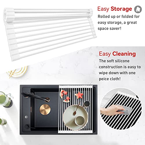 MERRYBOX Roll Up Dish Drying Rack, Silicone Wrapped Over The Sink Dish Rack Foldable Dish Drainer Anti-Slip Dish Racks for Kitchen Counter, Multipurpose Kitchen Sink Drying Rack, 17" x 13", White